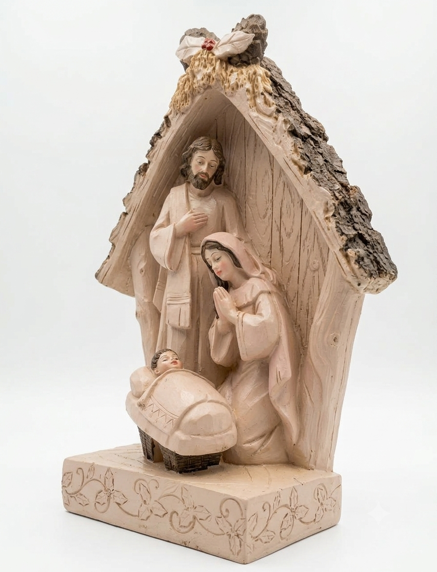 Rustic-Style  Wood Carved Nativity Grotto Figurine