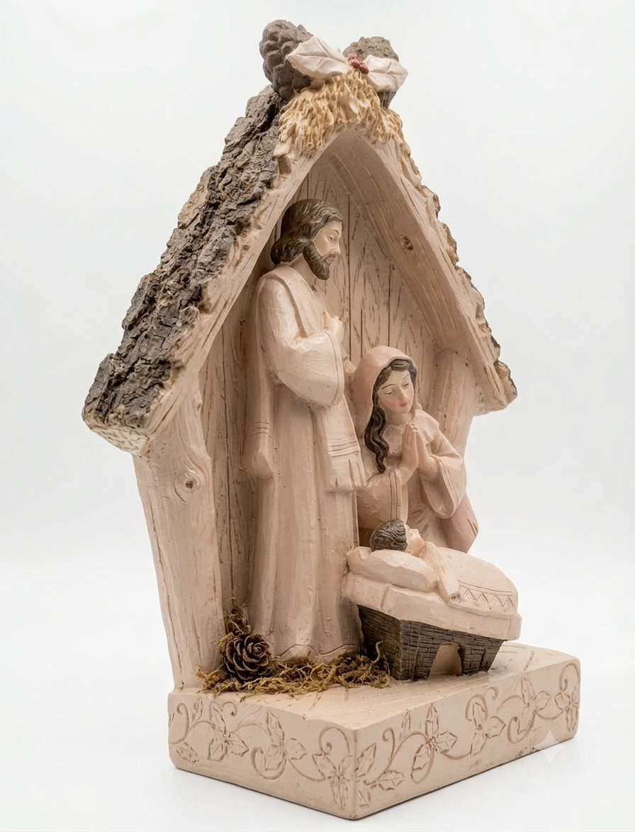 Rustic-Style  Wood Carved Nativity Grotto Figurine
