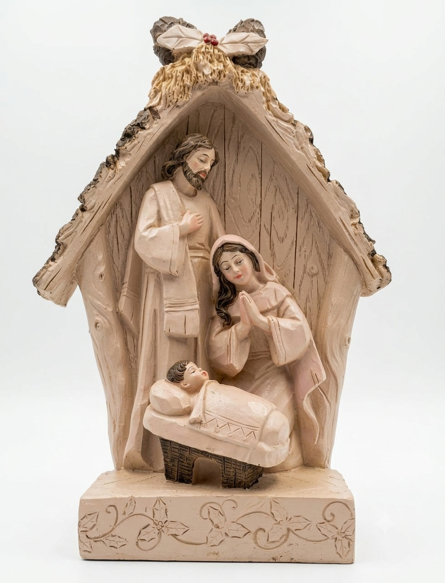Rustic-Style  Wood Carved Nativity Grotto Figurine