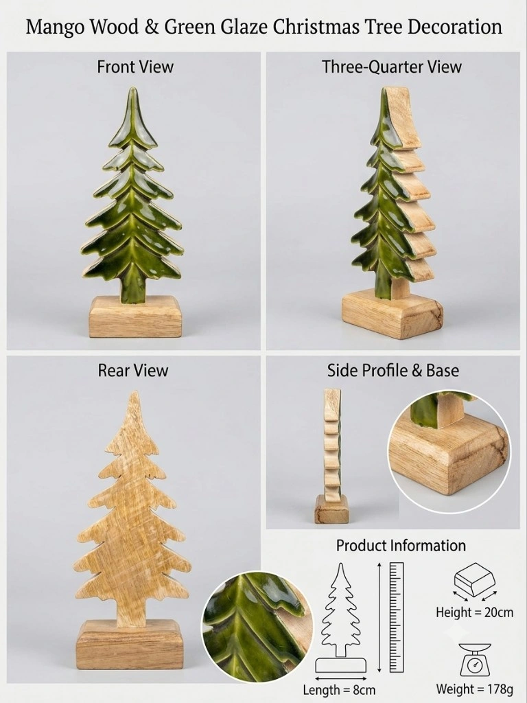 Mango Wood &amp; Green Glazed Christmas Tree Decoration
