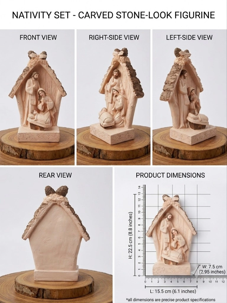 Rustic-Style  Wood Carved Nativity Grotto Figurine
