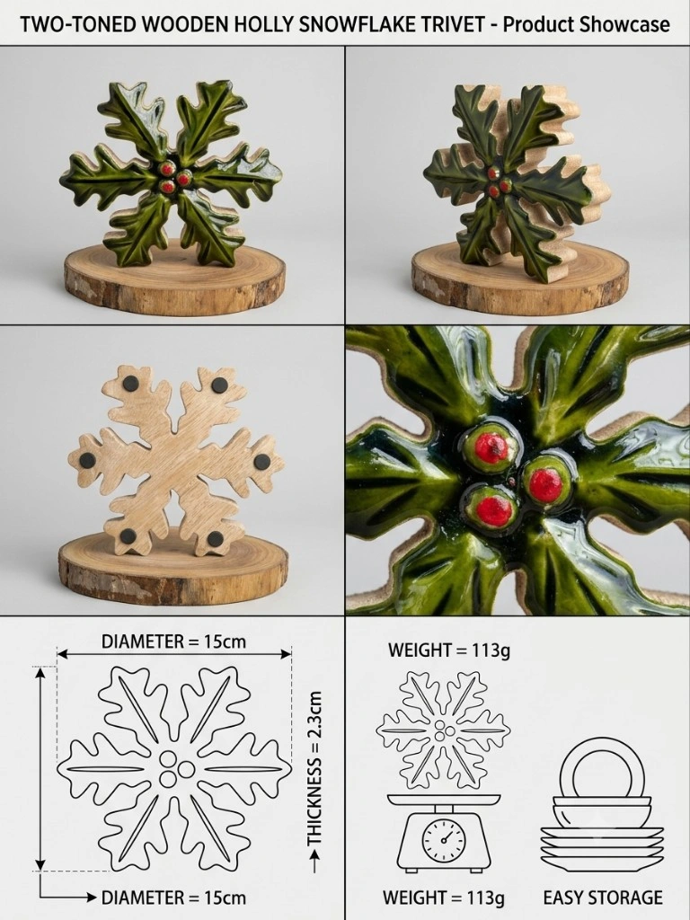 Wooden Holly Snowflake Decorative Trivet