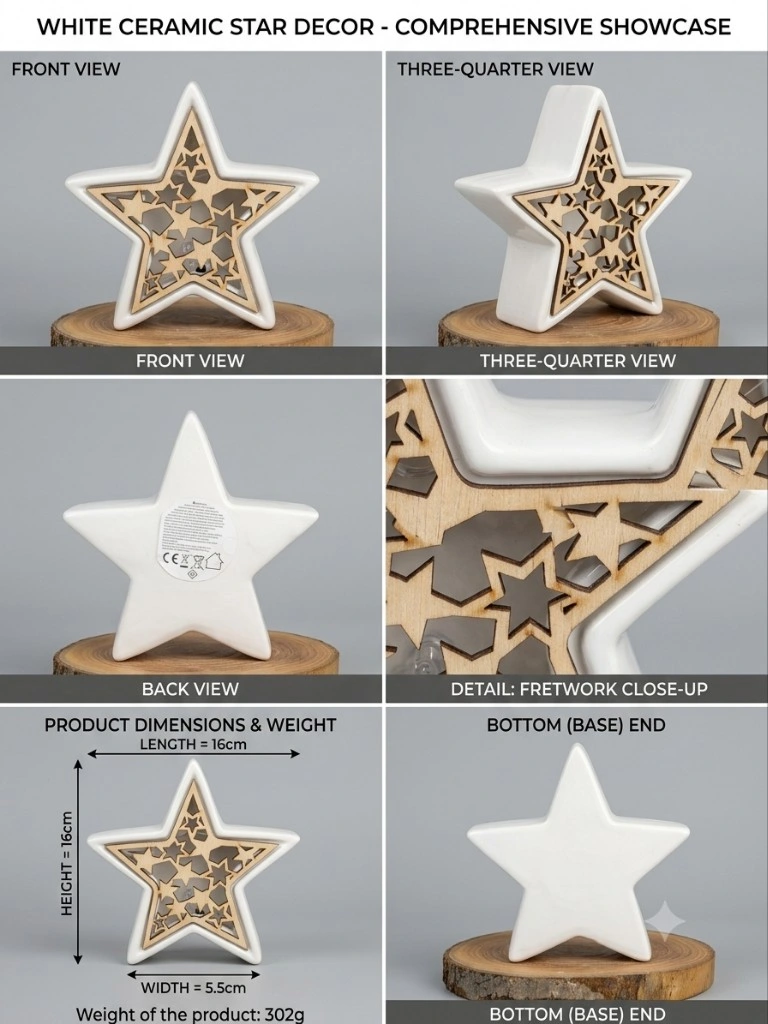 White Ceramic Star Décor with Wooden Inlay